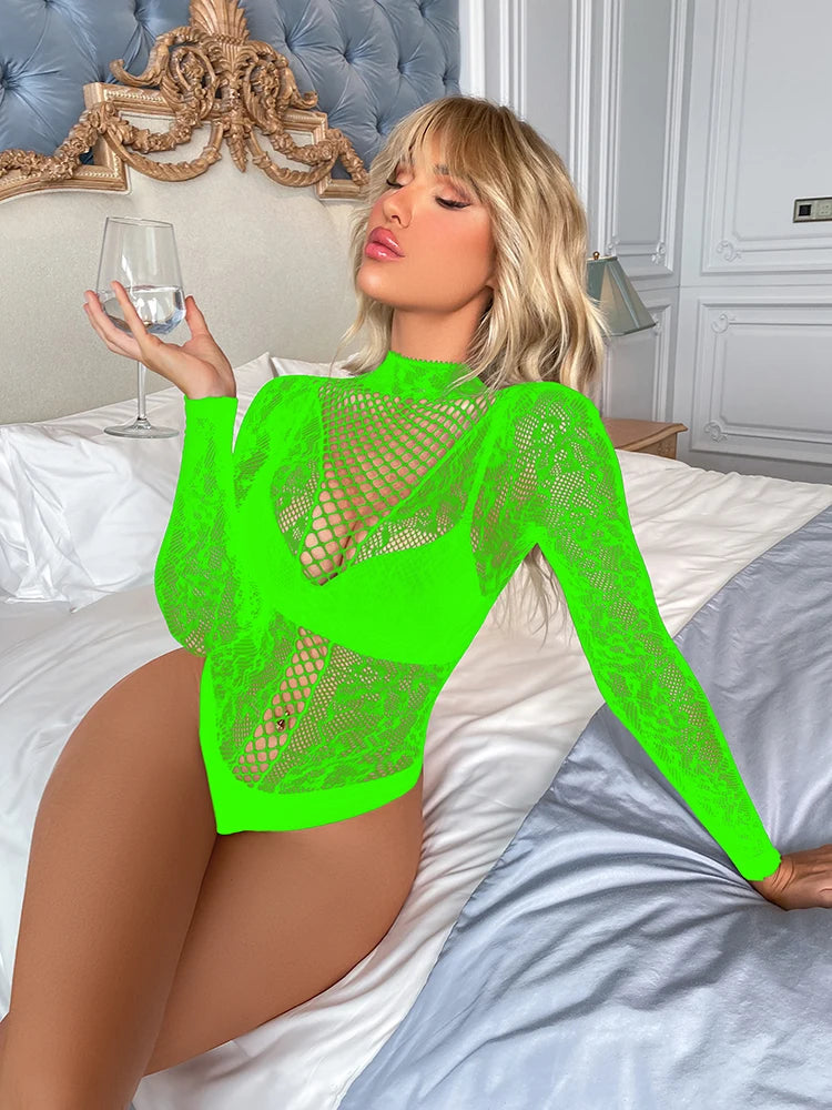 Sexy Rhinestone Nylon Fishnets Dress Hollow Out Bikini Tops Women's Backless Body Doll Mesh Lingerie Bodystockings