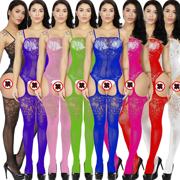 2024 Black Stocking Full Body Women's Sexy Cutout Lace Transparent Crotchless Bodystocking Lingerie Women's Hosiery