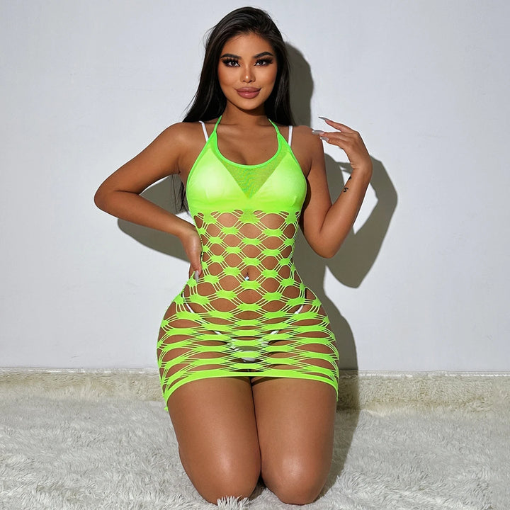 Hollow Out Sexy Halter Fishnet Jumpsuit for Women Sexy See Through Body Stocking Lingerie Dress Sexy Lenjerie Womens