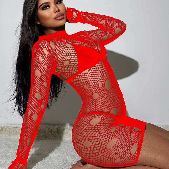 Sexy Fishnet Bodystocking Long Sleeve Transparent Bodysuit Stockings Full Body Floral Dress for Women