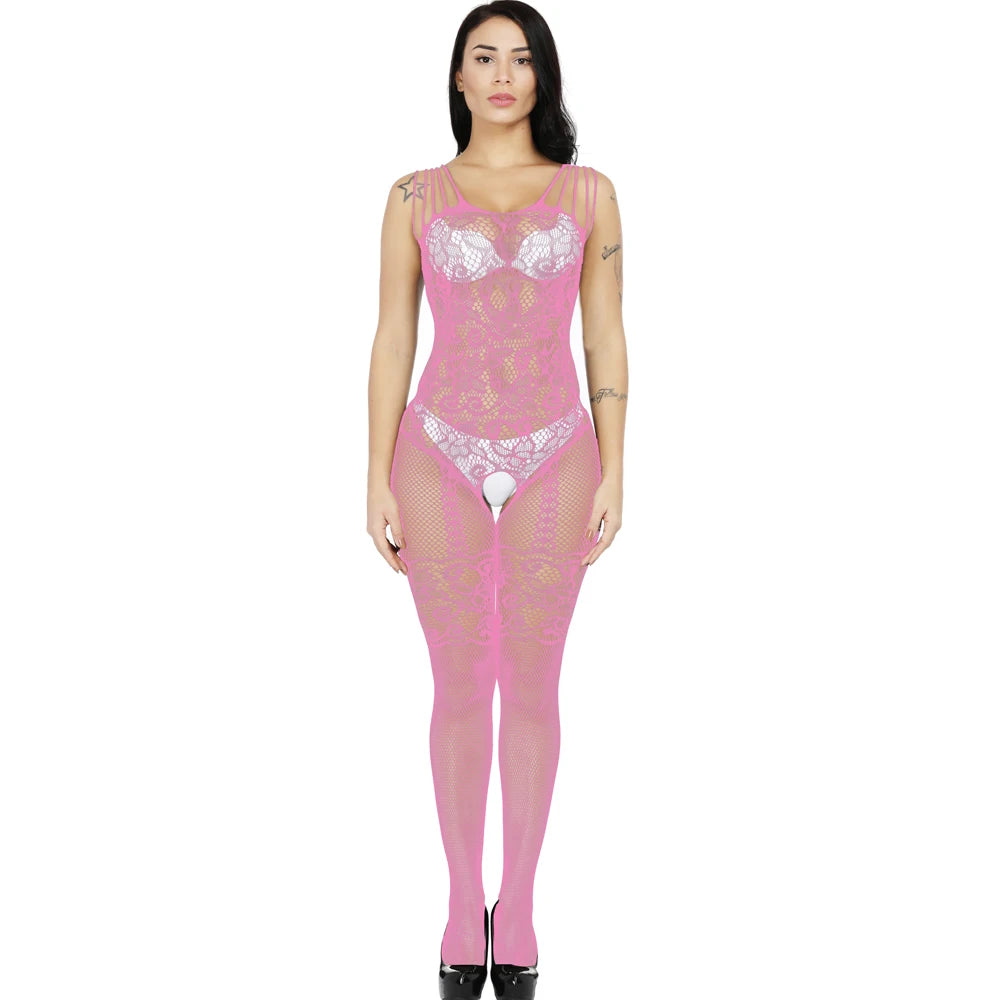 Sexy Halter Strips Bodysuit Women Sexy Lingerie Adult Crotchless Body Stocking Black Lace Cutout Baby Dolls Lingerie