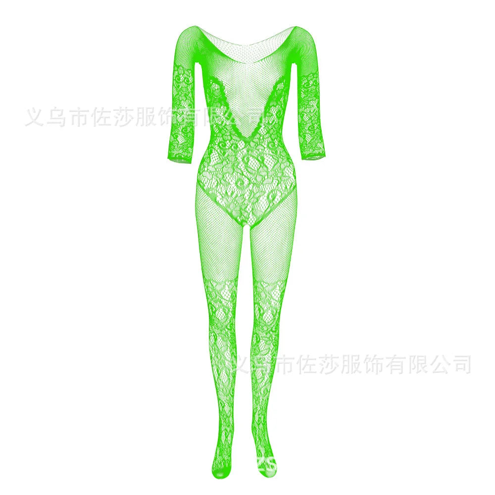 Woman Sexy Lace Lingerie Stockings Bodysuits See Through Sheer Erotic Outfits Fishnet Sock Pantyhose Strip Dance Role-play