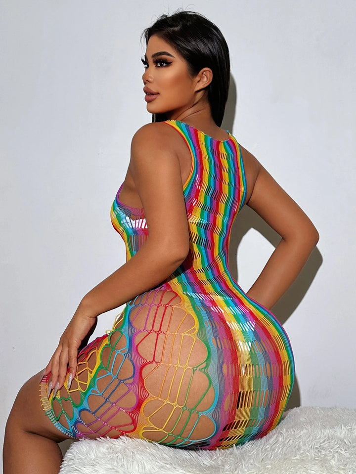 Carnival Rave Rainbow Color Bodydolls Dress Chemise Sexy Glitter Lingerie Stockings Exotic Mesh Sheer Lingerie