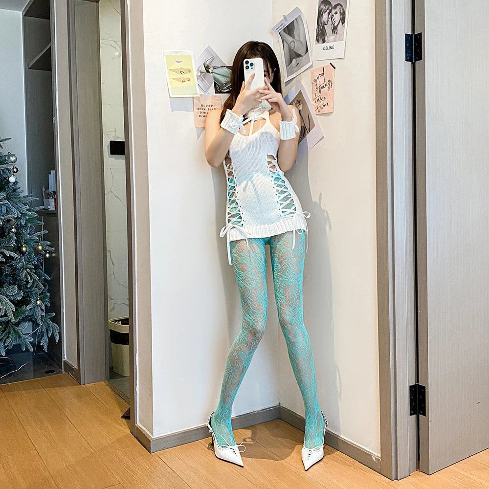 Punk Style Medias De Rejilla Women's Club Party Pantyhose/Tights Candy Color Floral Fishnet Stockings Collant Femme