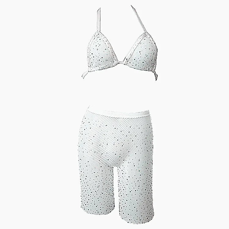 Mesh Body Stocking Halter Rhinestone Sparkle Bra Top Bikini High Waist Shorts Set Nightwear Fishnet Babydoll Chemise