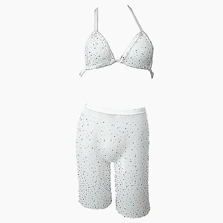 Mesh Body Stocking Halter Rhinestone Sparkle Bra Top Bikini High Waist Shorts Set Nightwear Fishnet Babydoll Chemise