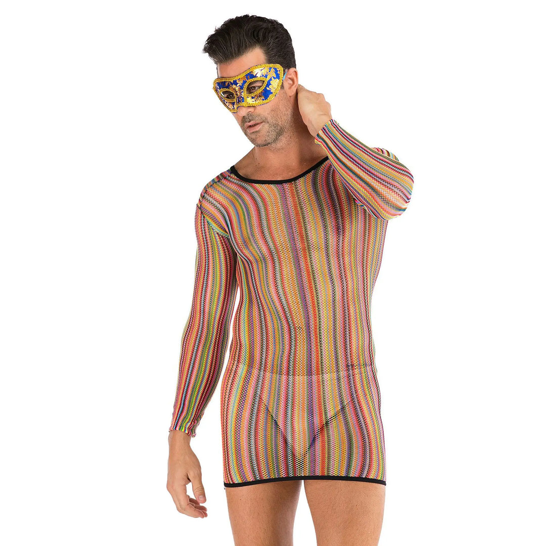 2023 Sexy Bodycon Rainbow Nylon Rainbow Couple Man& Women Dress Bodystocking Lingerie Mesh Body Dress Sleepwear