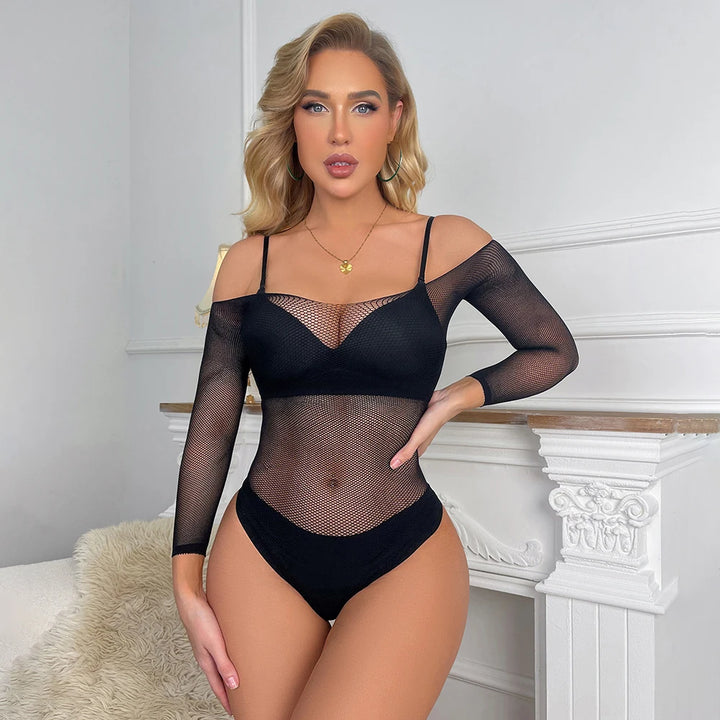 2023 Fish Net Hollow Out Swimwear Bikini Beach Wear Cover up Ladies Slim Dresses Long Sleeve Bodysuit Lingerie
