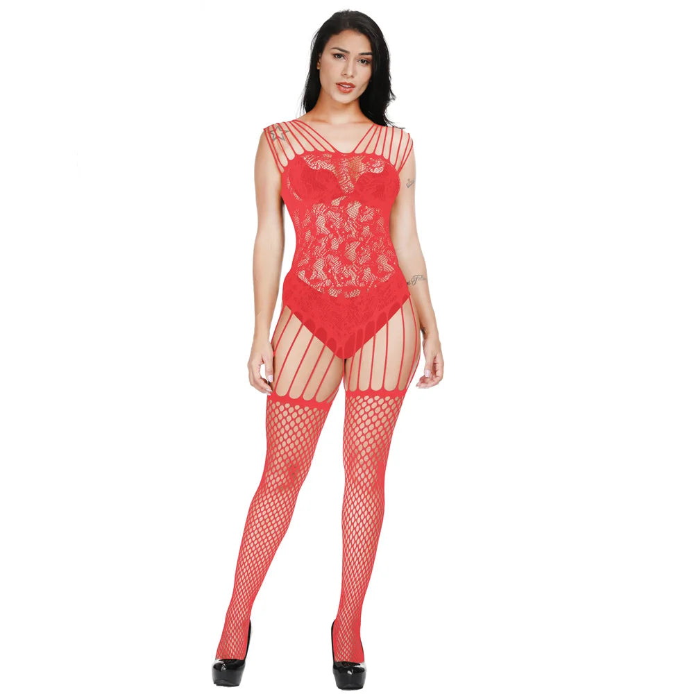 2025 Sexy Straps Crotchless Bodysuit Cutout Sexy Mesh Lingerie Womens Catsuit Open Crotch Pajama Plus Size Bodystocking