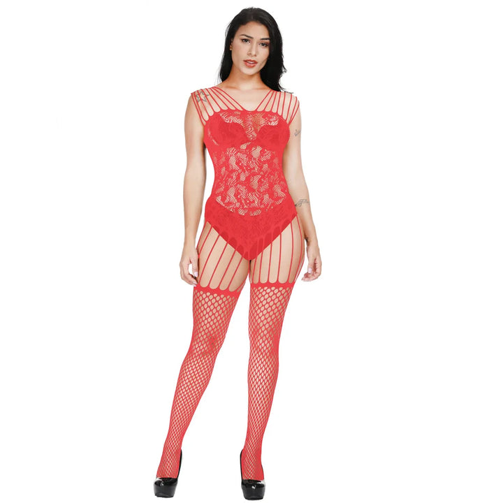 2025 Sexy Straps Crotchless Bodysuit Cutout Sexy Mesh Lingerie Womens Catsuit Open Crotch Pajama Plus Size Bodystocking