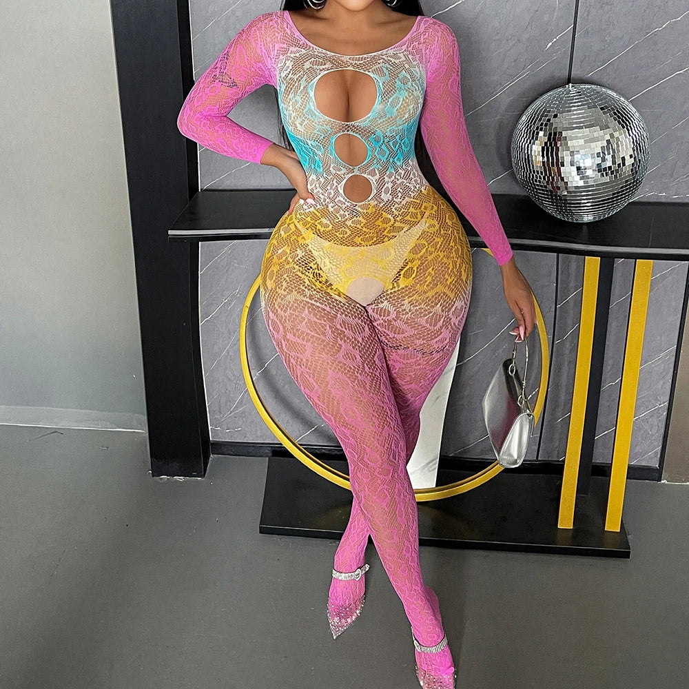 Hot Selling Gradient Tie-Dyed Seamless Transparent Jumpsuit Knitted Breathable Body Stocking Sexy Lingerie G131