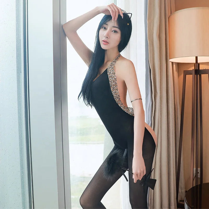 Leopard Sexy Transparent Silk Bodysuit Lingerie Dress Sexy Mature Sheer Erotic Black Silk Stockings Crotchless Sexy