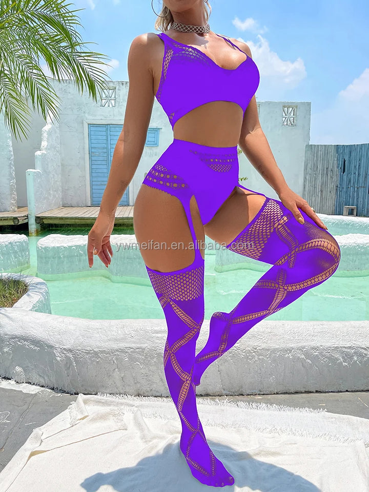 2pcs Sets Fishnets Bodystocking Sexy Cutout Tops/Tights Bodysuit Geometric Fishnets Bodysuit Sexy Suspender Pantyhose