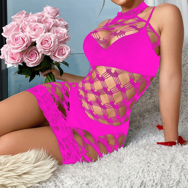 Hollow Out Sexy Halter Lace See Through Sensual Body Doll Full Body Lingerie Dress Rhinestone Exotic Lingerie Women