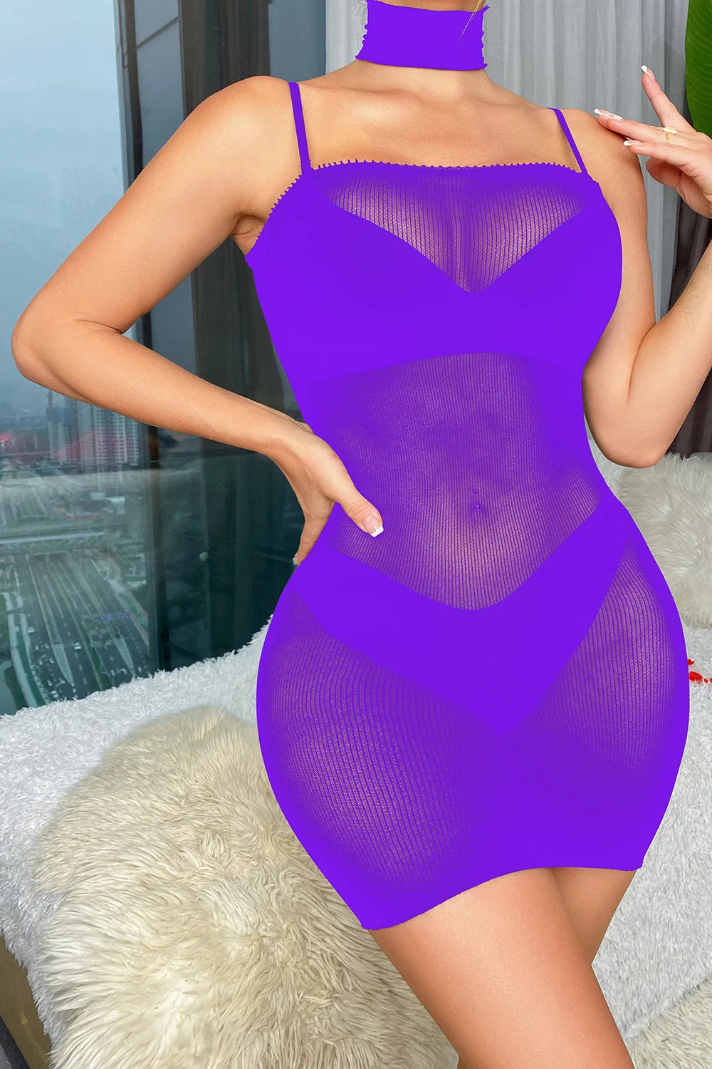 Valentine's Day Sexy Fishnet Lingerie Dress with Neckline Rhinestone Lingerie Femme Sexy Bodystocking Exotic Dancewear