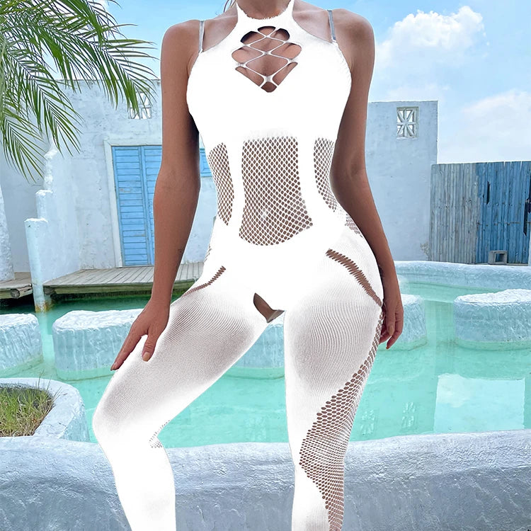 Hot Sales  Crotchless Sexy Full Body Fishnets Pantyhose Cutout Women Erotic Bodysuit Mesh  Fishnet Bodystocking