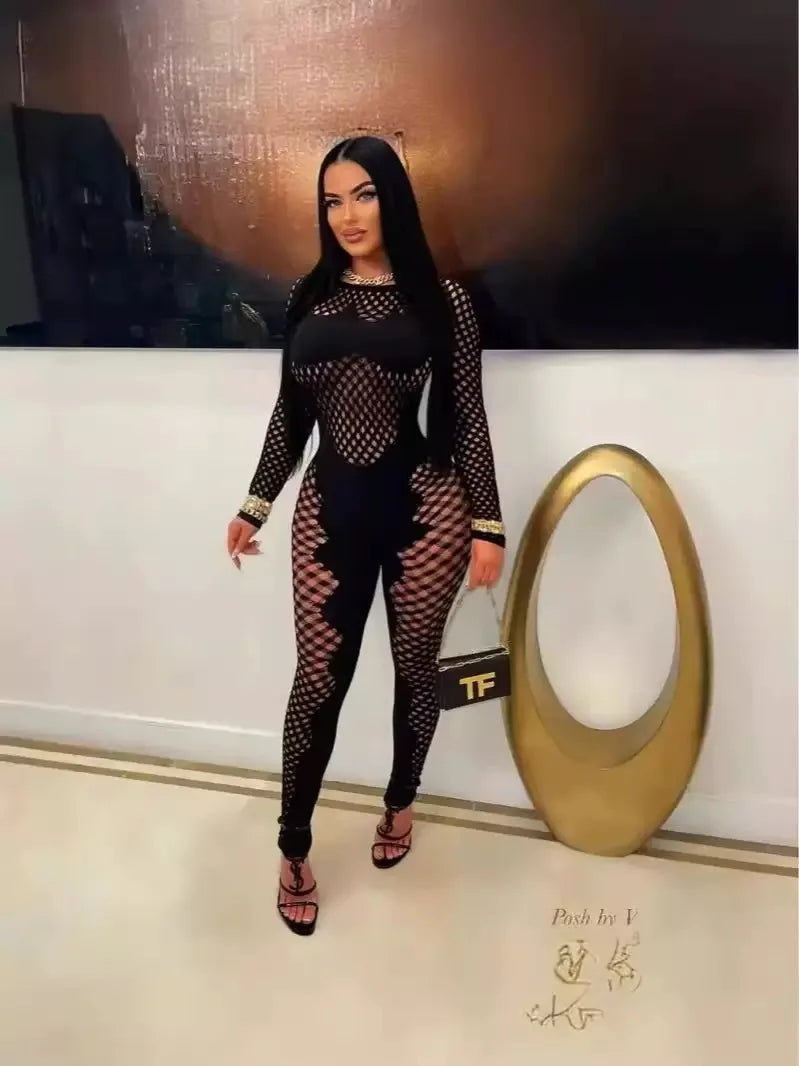 2025 Transparency Women Sexy Jumpsuit Body Ripped Stocking Lingerie Long Sleeve Rompers Stretchy One Piece Jumpsuit