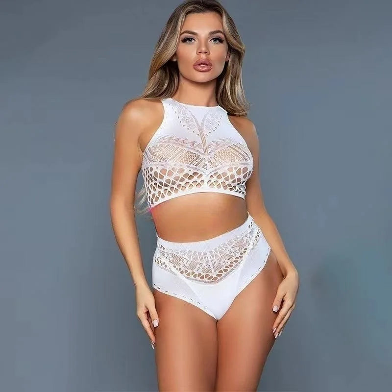Women's Sleepwear Nightwear Lingerie Babydoll Body Stockings 2 Pieces Dress Mesh Bodysuit Hollow Out Clothing Sexy