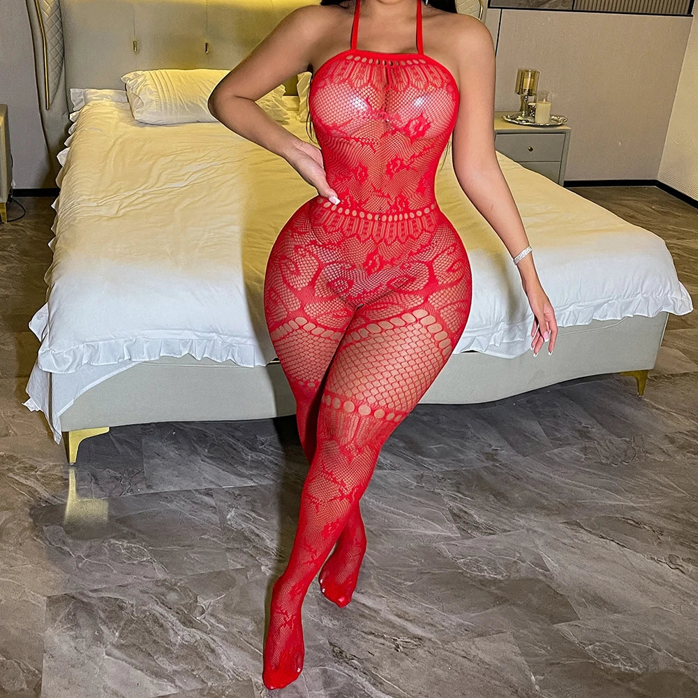 Women's Sexy Nylon Body Stockings Halter Fishnet Bodysuit Exotic Club Rave Dancer Outfits for Glow Party W837