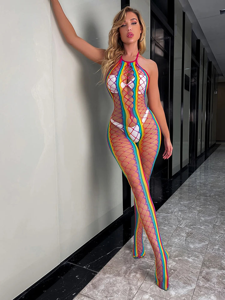 2023 Fish Net Hollow Out Colorful Fishnet Bodystocking Bodysuit Ladies Slim Dresses Long Sleeve Tights Bodysuit Lingerie