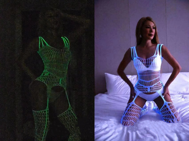 Sexy Nightwear Dress Glow in the Dark Fishnet Stockings Hollow Luminous Glowing High Waist White Fishnet Glowing Party