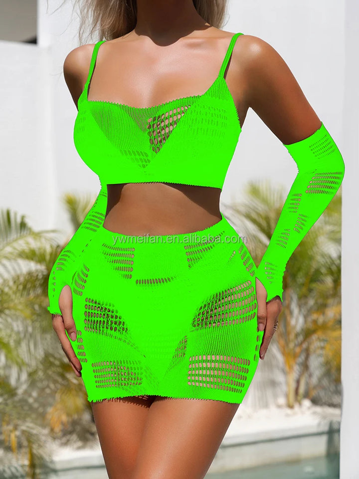 2pcs Dresses Sets Sexy Mesh Lingerie Pajama Summer Sexy Beach Sets Hollow Out Bodystocking Chemise