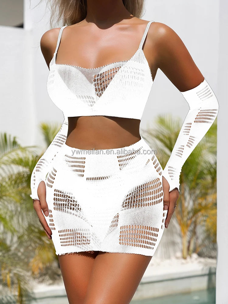2pcs Dresses Sets Sexy Mesh Lingerie Pajama Summer Sexy Beach Sets Hollow Out Bodystocking Chemise
