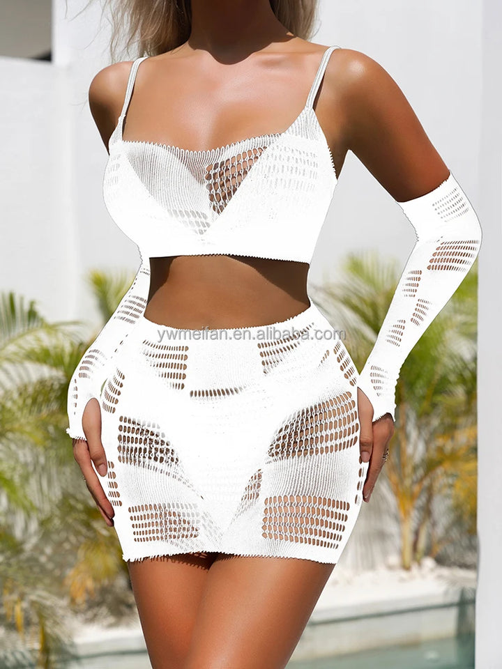 2pcs Dresses Sets Sexy Mesh Lingerie Pajama Summer Sexy Beach Sets Hollow Out Bodystocking Chemise