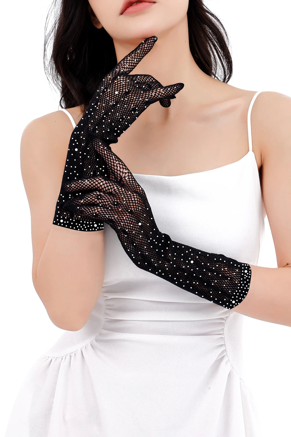2025 Wholesales Sexy Black Fishnet Gloves with Rhinestones Great Elastic Gothic Mesh Thin Knitted Weave for Party Tzs216