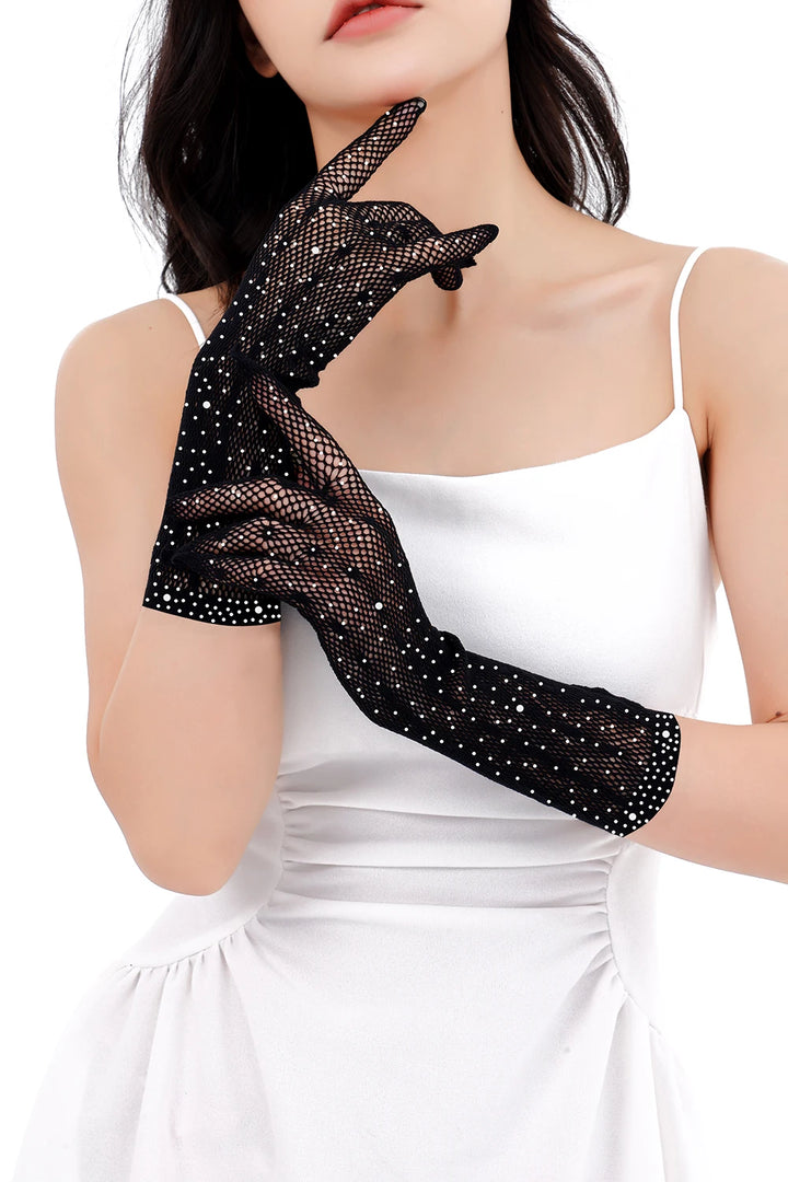 2025 Wholesales Sexy Black Fishnet Gloves with Rhinestones Great Elastic Gothic Mesh Thin Knitted Weave for Party Tzs216