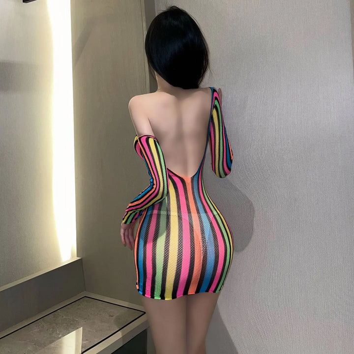 2023 Sexy Bodycon Rainbow Nylon Rainbow Couple Man& Women Dress Bodystocking Lingerie Mesh Body Dress Sleepwear
