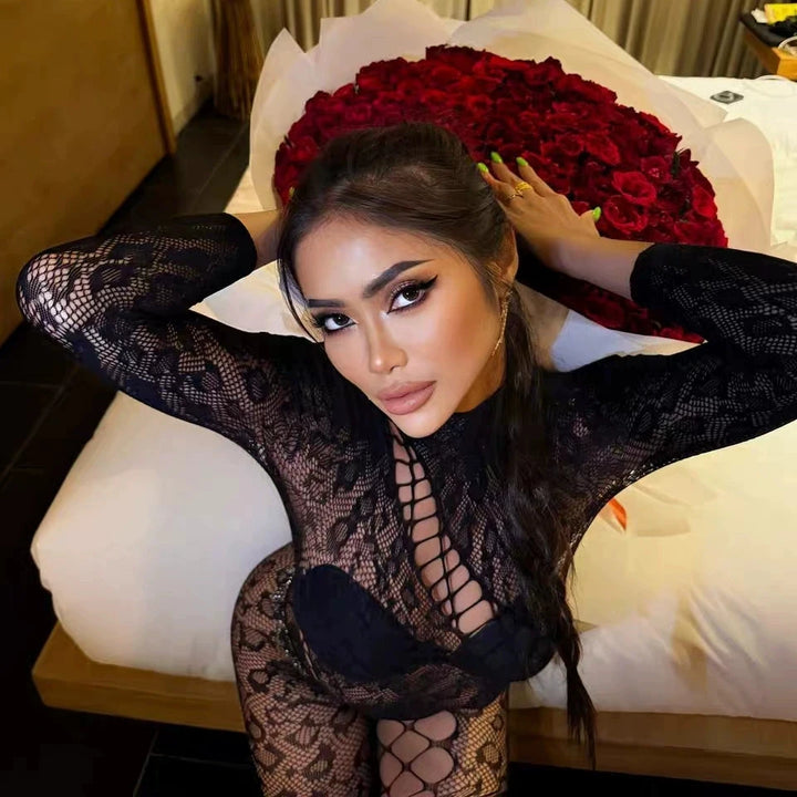Wholesale Sexy Long Sleeve One Piece Jumpsuit Full Body Stocking for Women Transparent  Bodysuit Fishing Net Club Wear 7035