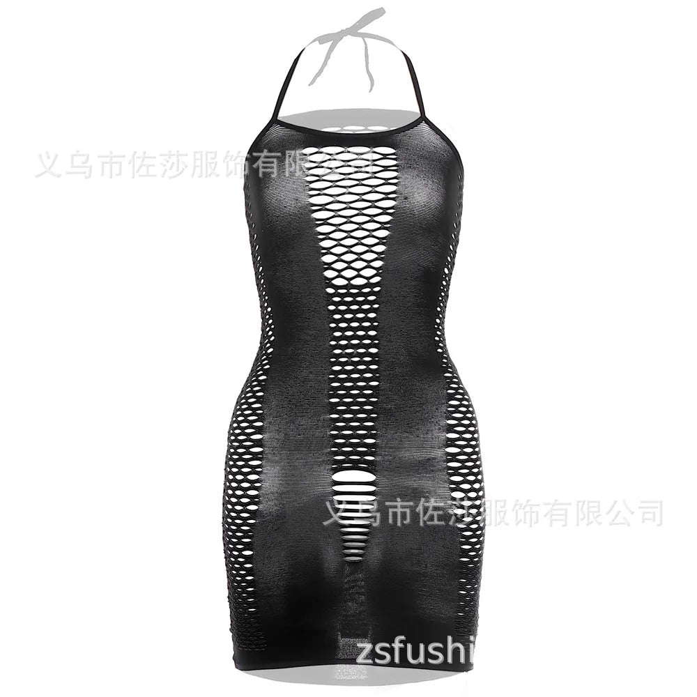 2024 New off Shoulder Red Hollow Out Strap Nylon Women Fishnet Dress Lingerie Bodystocking Plus Size for Women W319