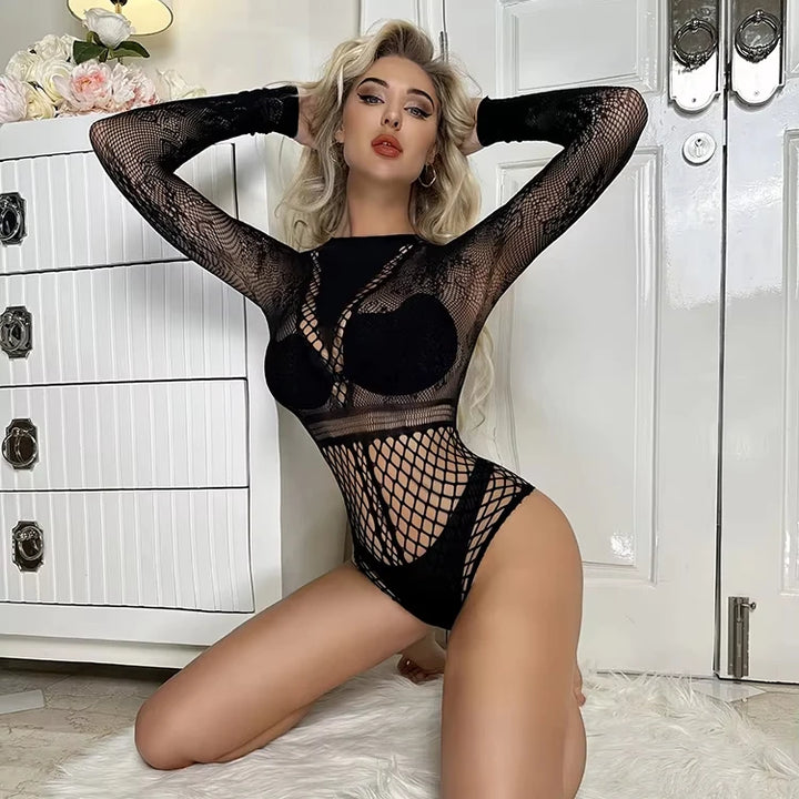 Black Lace Cutout Mesh Sheer Lingerie Femme Sexy Seamless Body Doll Woman Erotic Lingerie Stockings Mesh Sheer Dress