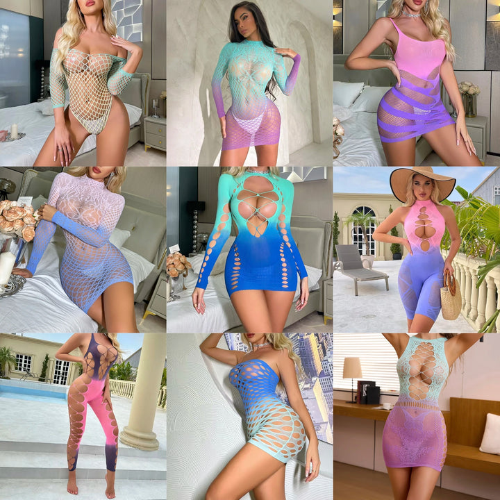 Hot Stylish Tie-dye Women's Clothing Hollow Out Body Stocking Lingerie Femme Sexy Gradient Color Bodysuit Teddy Dress