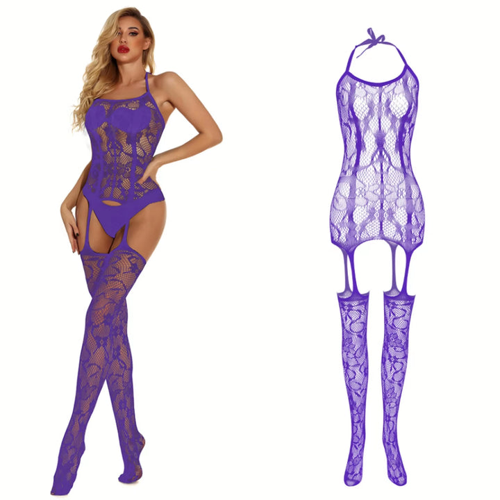 2024 Femme Lingerie One Piece Black Cutout Jacquard Stockings Full Body Erotic Lingerie Crotchless Bodysuit Nylon Sexy