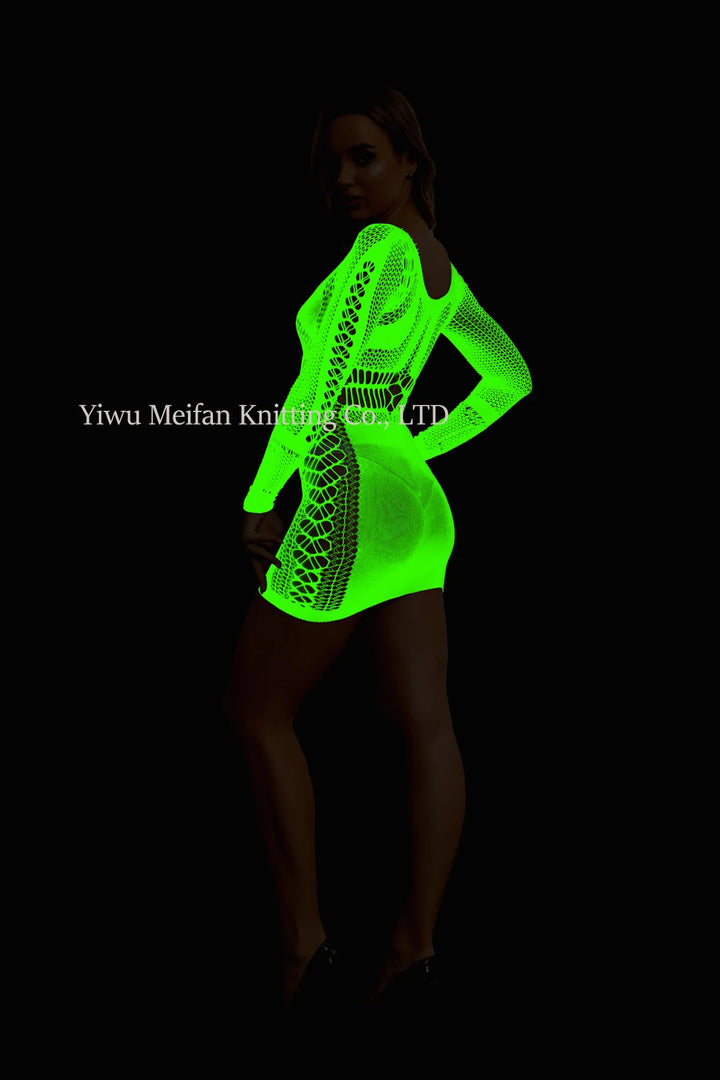 Sexy Nightwear Dress Glow in the Dark Fishnet Stockings Hollow Luminous Glowing High Waist White Fishnet Glowing Party