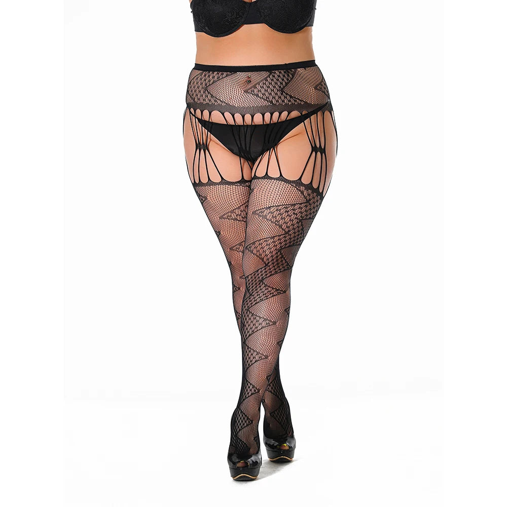 2025 Plus Size XXL High Quality Thigh High Fishnet Stockings Suspender Patterned Tights Women Fish Net Lace Top Pantyhose