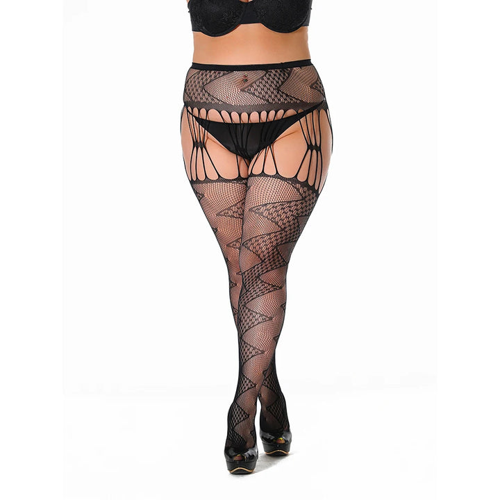 2025 Plus Size XXL High Quality Thigh High Fishnet Stockings Suspender Patterned Tights Women Fish Net Lace Top Pantyhose