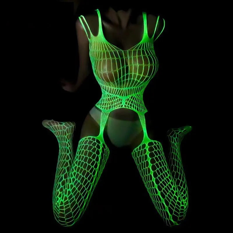 Sexy Nightwear Dress Glow in the Dark Fishnet Stockings Hollow Luminous Glowing High Waist White Fishnet Glowing Party