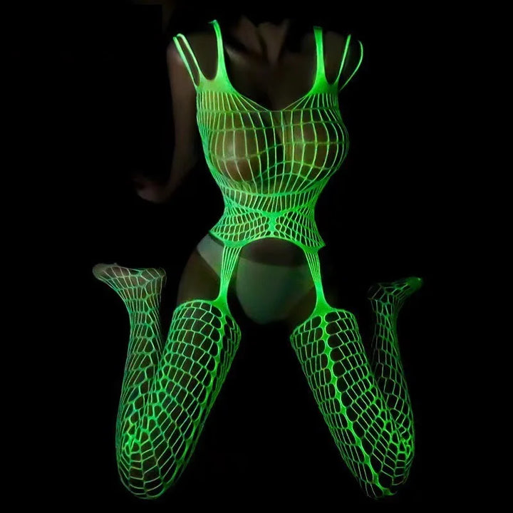 Sexy Nightwear Dress Glow in the Dark Fishnet Stockings Hollow Luminous Glowing High Waist White Fishnet Glowing Party