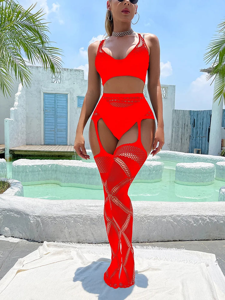 Women Sexy Crotchless Lingerie Nylon Fishnet Hosiery Stockings 2pcs Body Stocking Lingerie Mesh Sheer Bodysuit Tights