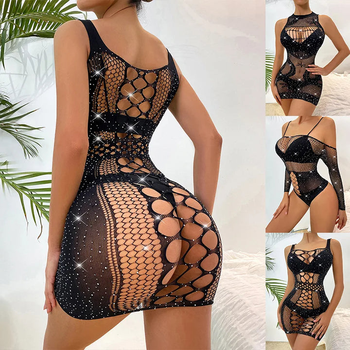 Neck Hanging Lingerie 2025 Women Sexy Body Doll Fishnet Dress Bodysuits Glitter Gemstone Diamond Fishnet Body Stockings