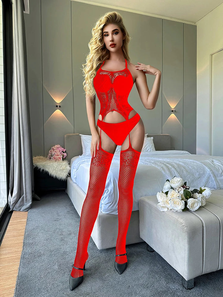 Women Hosiery Mesh Bodysuit Lingerie Femme Sexy Crotchless Garter Belt Body Stocking Sexy  Hollow Out Bodystocking