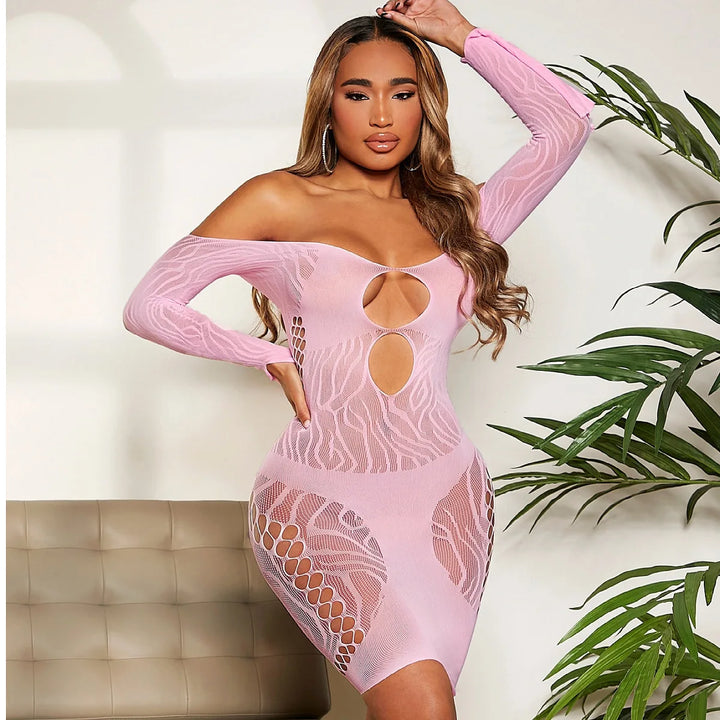 Women's Sexy Breathable Dress New Mesh See-Through with Hollow Off-Shoulder Long Sleeve Patchwork Fashion Design Skinny Fit Wear
