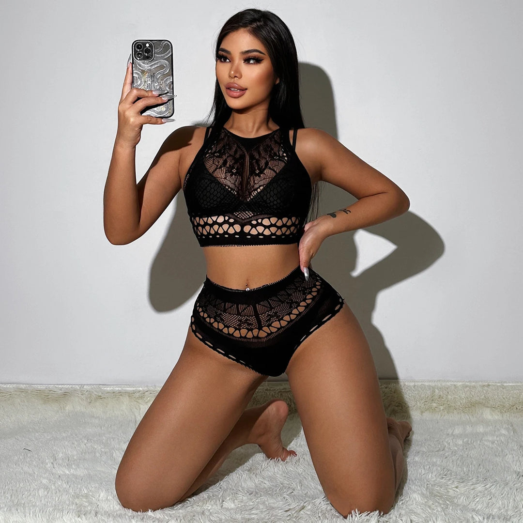 2024Vintage Sexy Baby Dolls Teddy Dress Women Sexy Mesh Erotic Lingerie 2pc Set Nightclub Sexy Floral Opaque Bodysuit