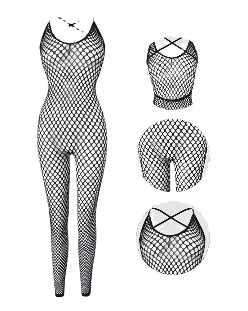 High Quality Sexy Bodystocking Lingerie Womens Sexy Crotchless Body Stocking Full Body Mesh Sheer Bodysuit Femme Sexy