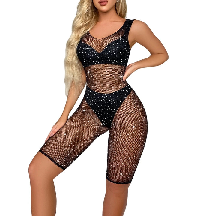 Crystal Rhinestone Stocking Women's Clothing Sexy Fishnet Pantyhose Lingerie Stockings Femme Sexy Crotchless Bodycon