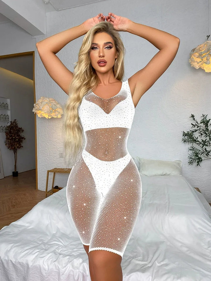 Crystal Rhinestone Stocking Women's Clothing Sexy Fishnet Pantyhose Lingerie Stockings Femme Sexy Crotchless Bodycon