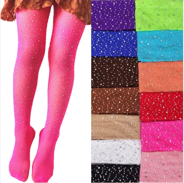Crystal Rhinestone Fishnet Stockings for Baby Little Girls Shiny Colorful Diamond Gem Pantyhose Candy Color Tights